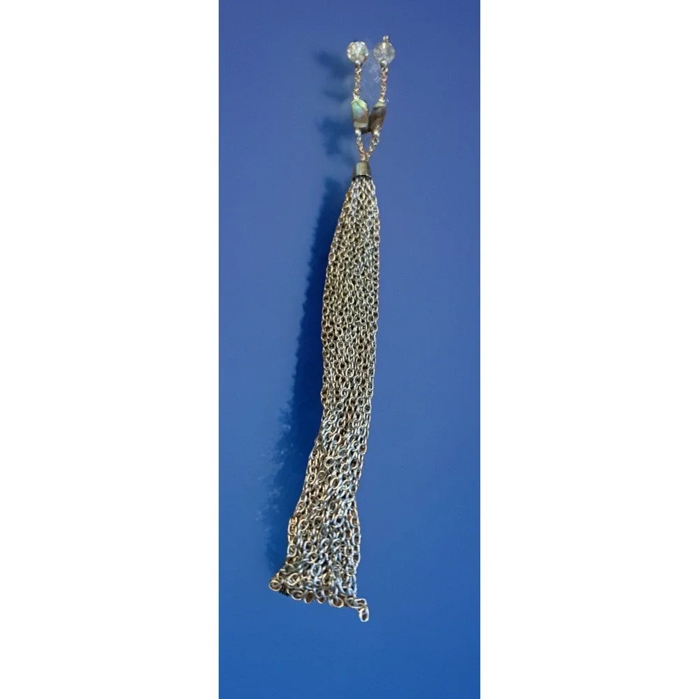 Boho Tassel Necklace Abilone Shell Look Crystal Bead Silverstone Statement Jewel